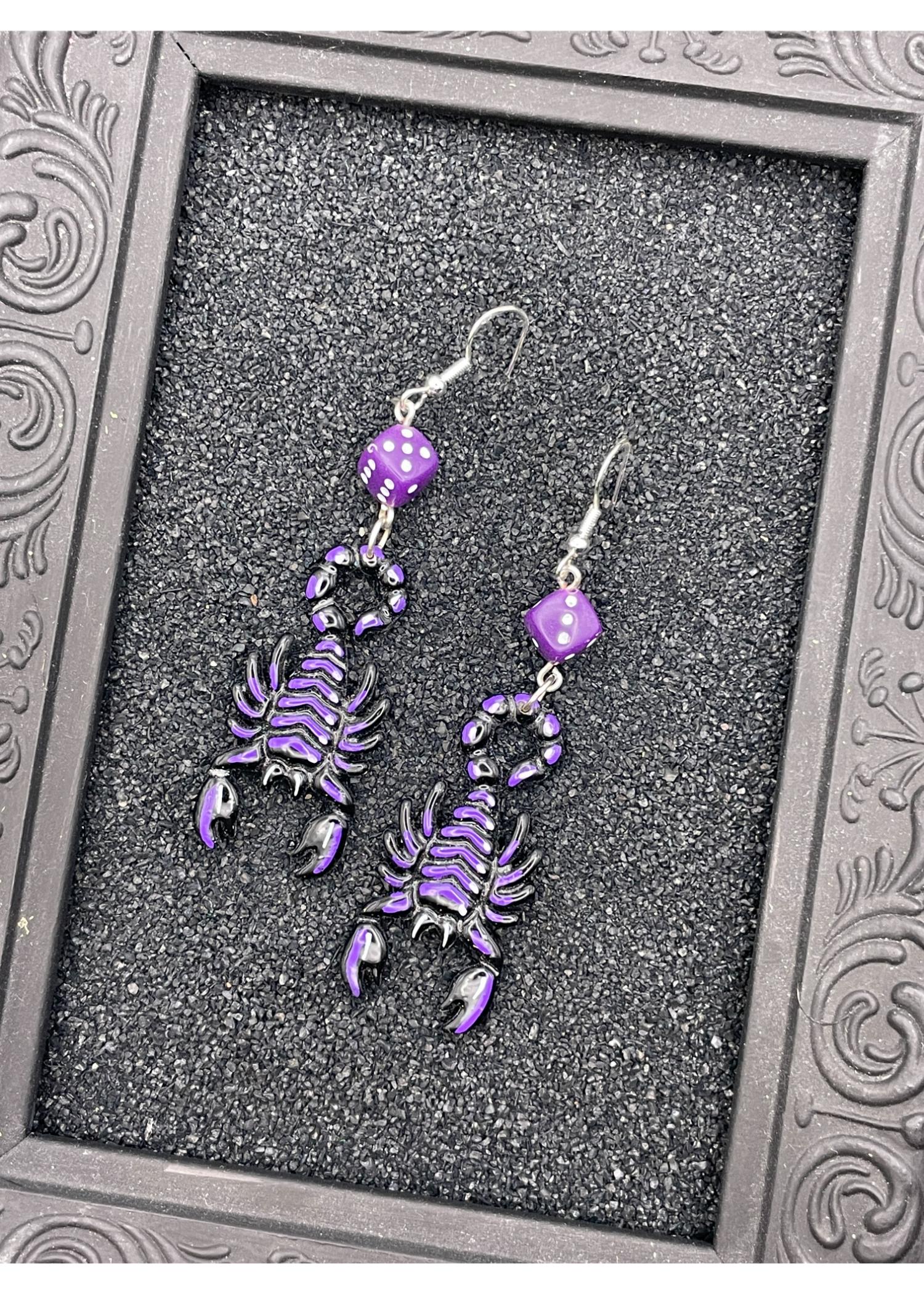 Scorpion Tattoo Earrings with Purple Dice - Image 3