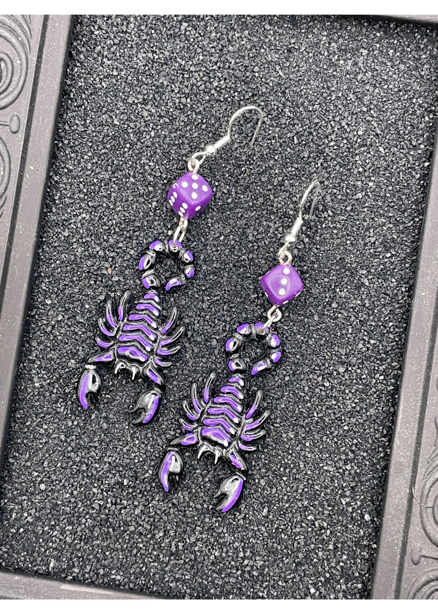 Scorpion Tattoo Earrings with Purple Dice - Image 4