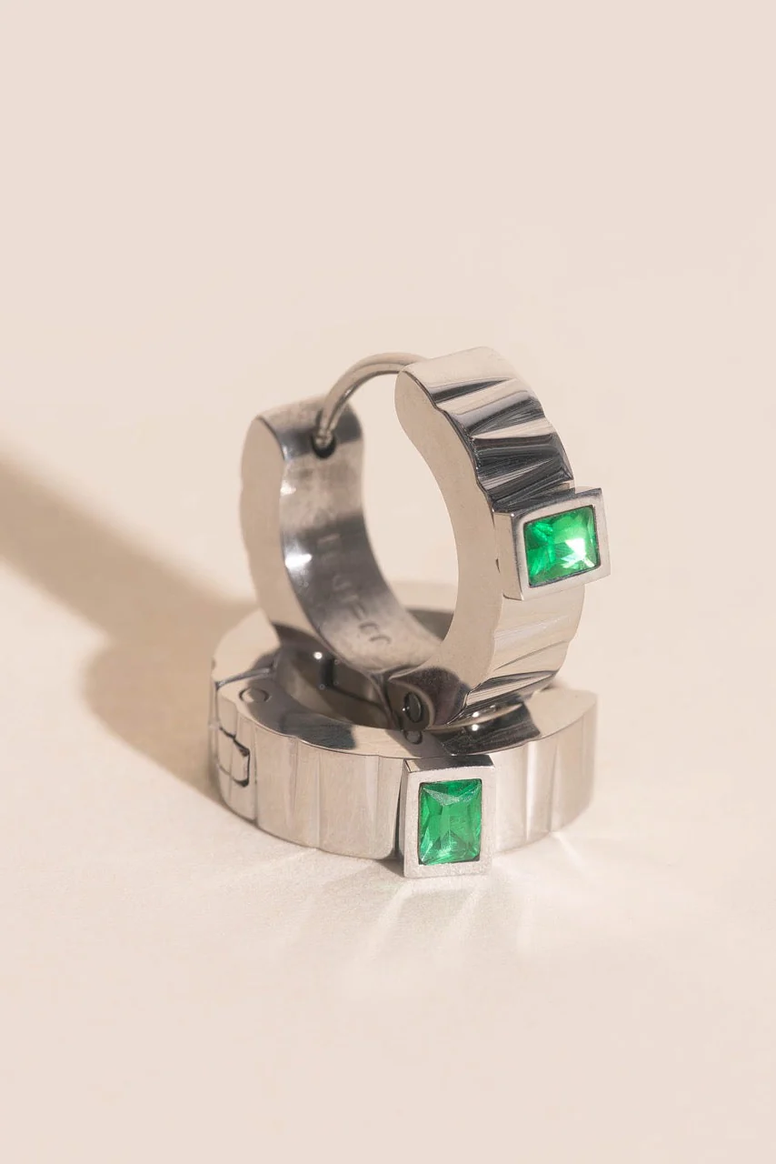 Textured Emerald Crystal Chunky Huggie Hoop Earrings
