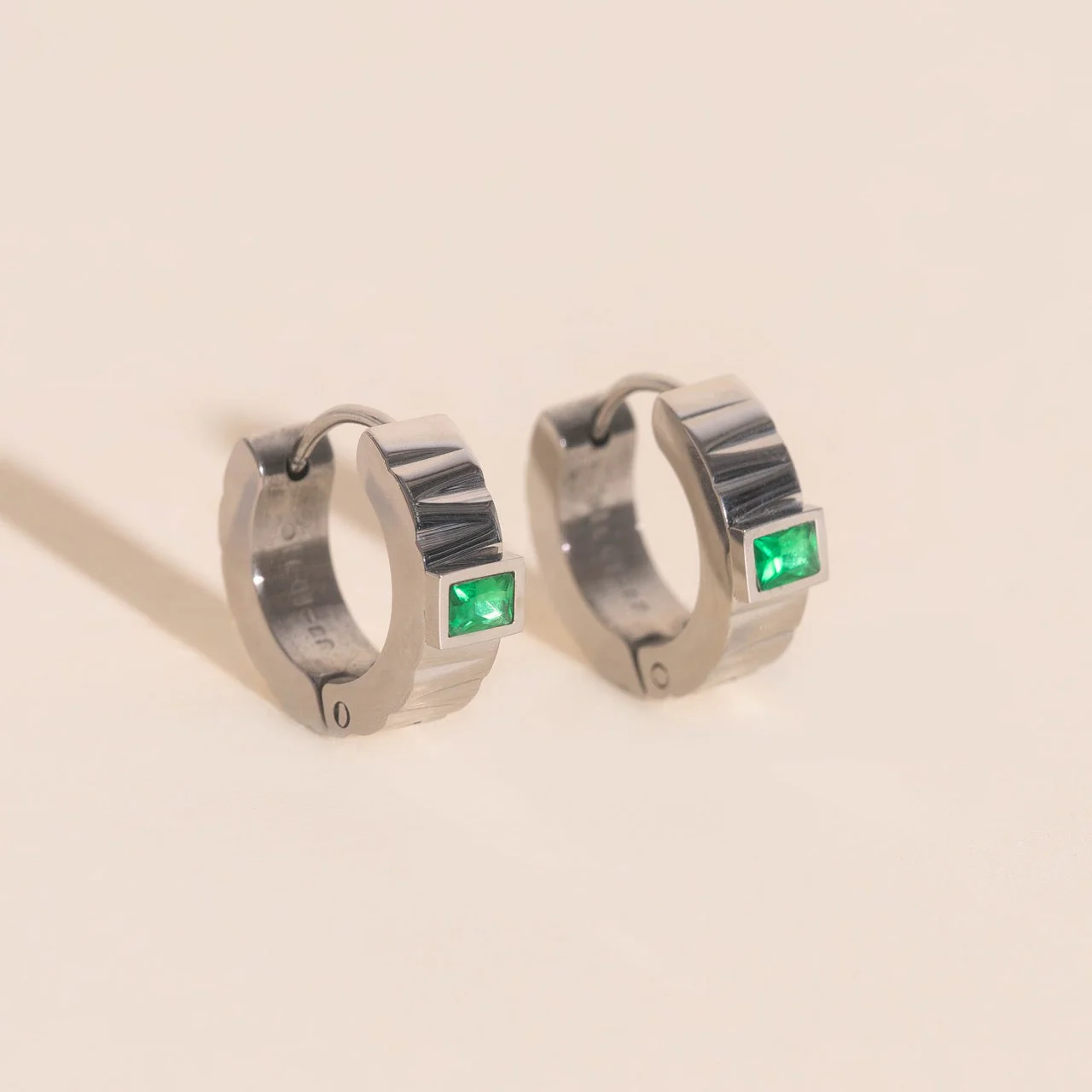 Textured Emerald Crystal Chunky Huggie Hoop Earrings - Image 3
