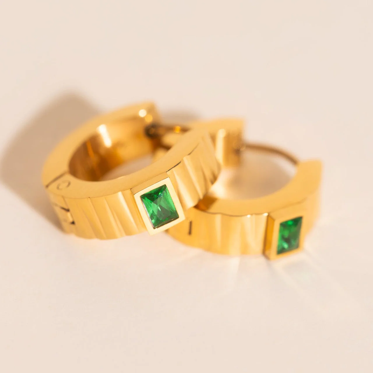 Textured Emerald Crystal Chunky Huggie Hoop Earrings - Image 4