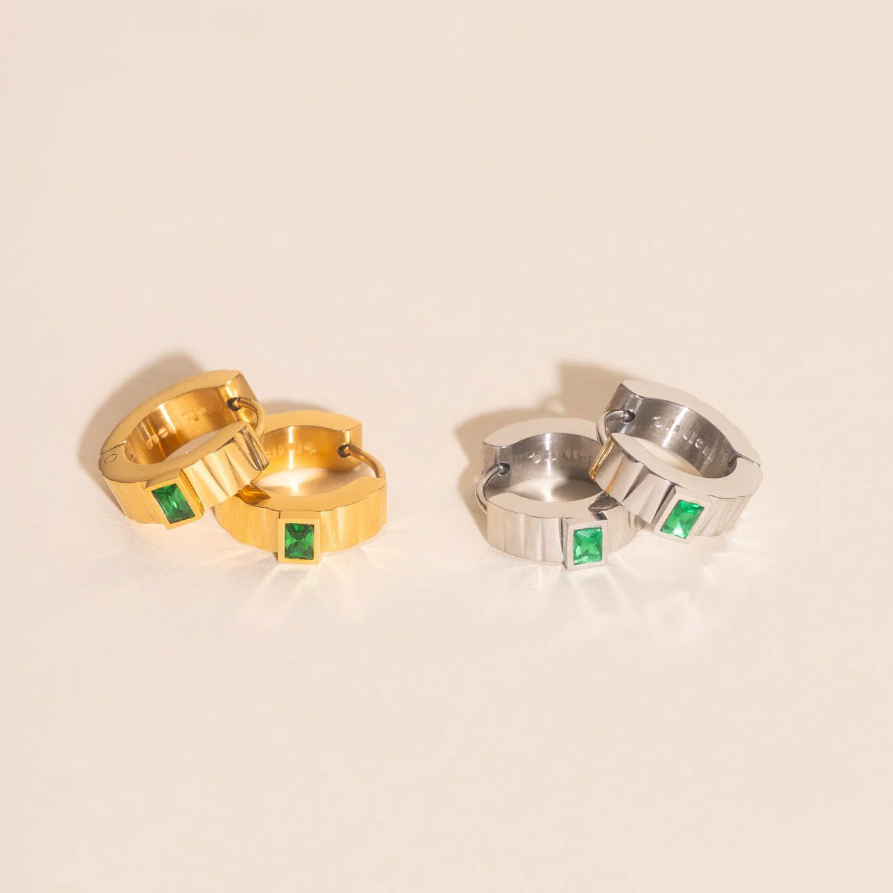 Textured Emerald Crystal Chunky Huggie Hoop Earrings - Image 7