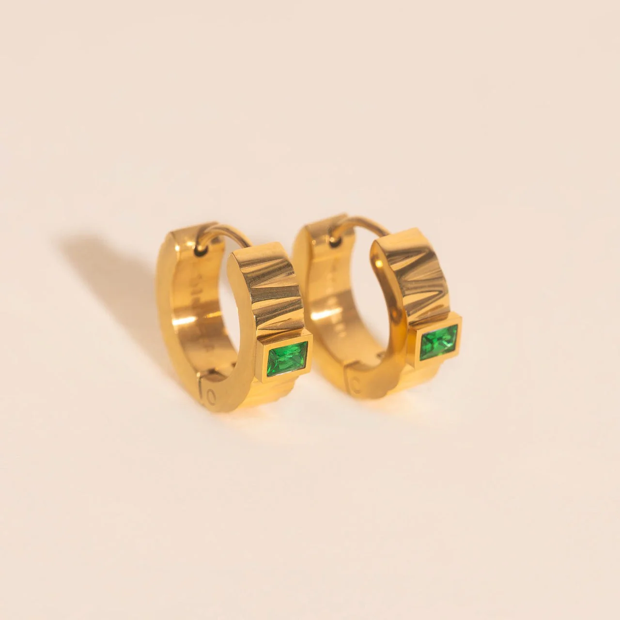 Textured Emerald Crystal Chunky Huggie Hoop Earrings - Image 8