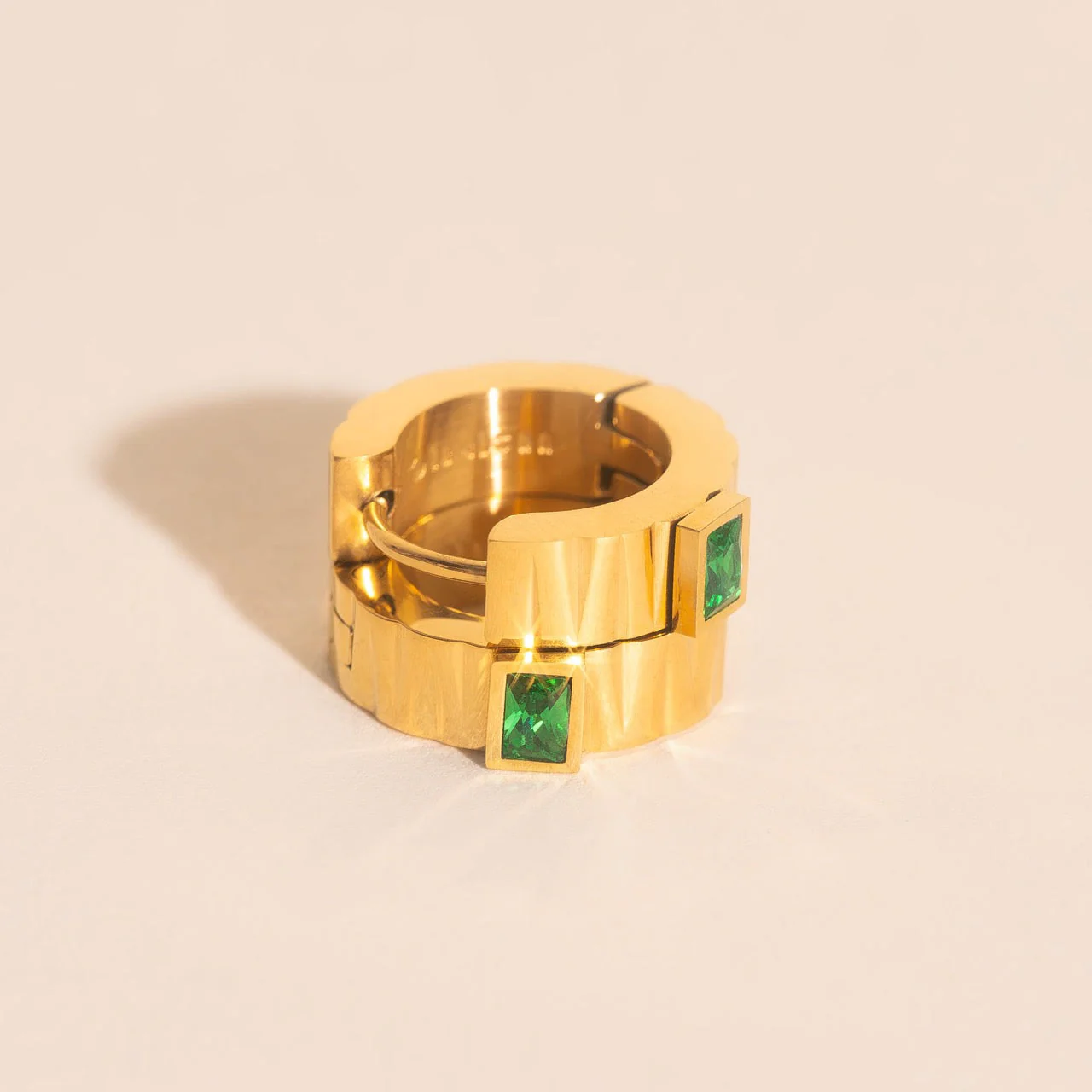Textured Emerald Crystal Chunky Huggie Hoop Earrings - Image 9