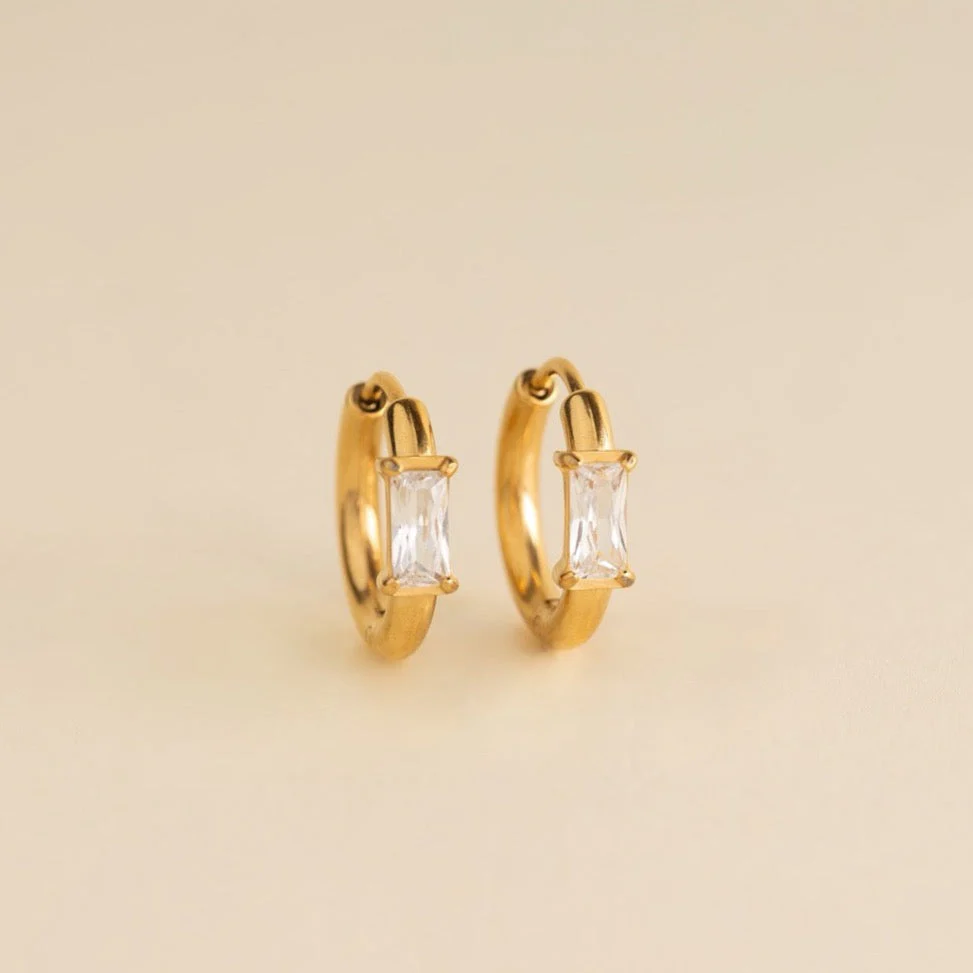 Titanium Baguette Crystal Rounded Huggie Hoop Earrings