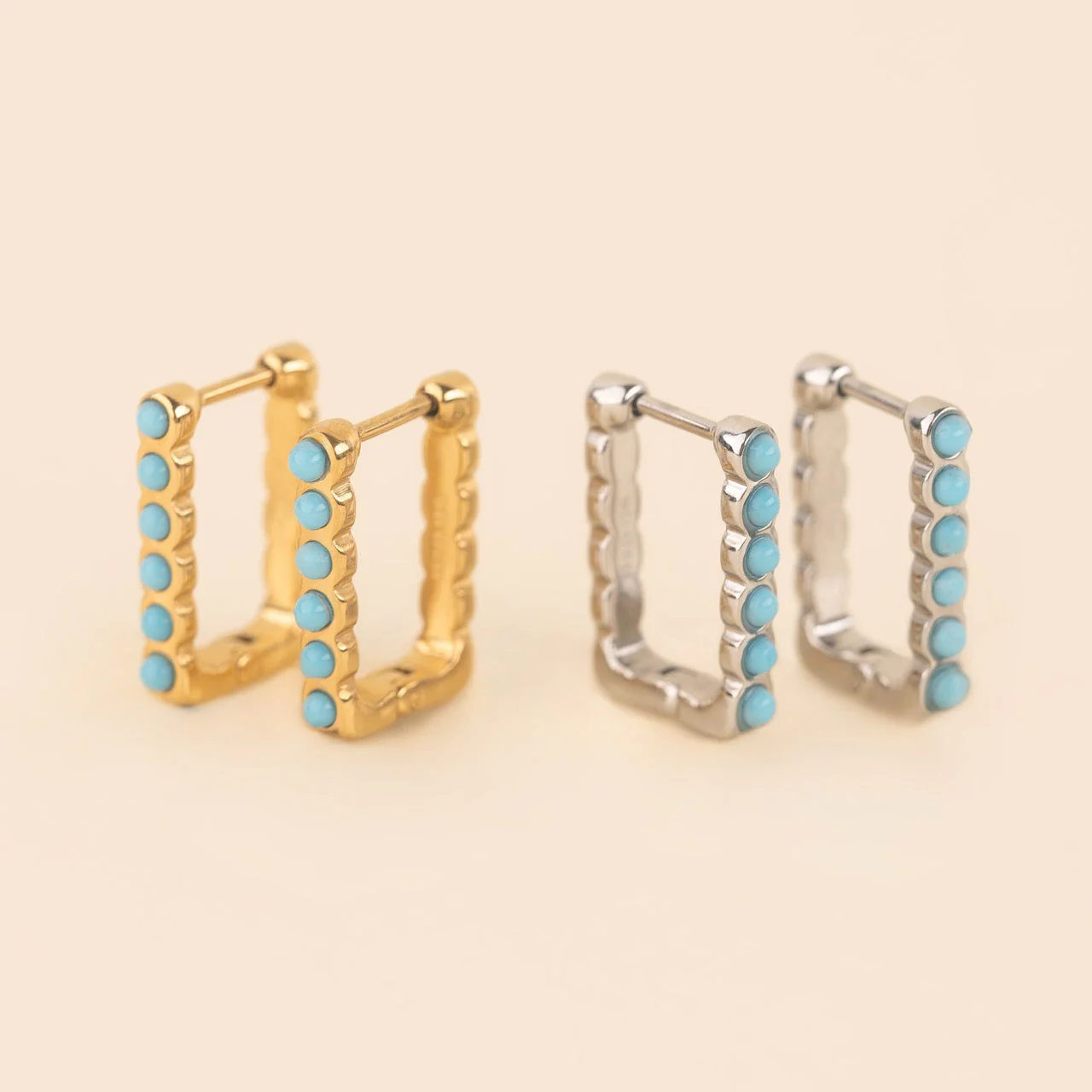 Turquoise Rectangle Huggie Hoop Earrings - Image 7