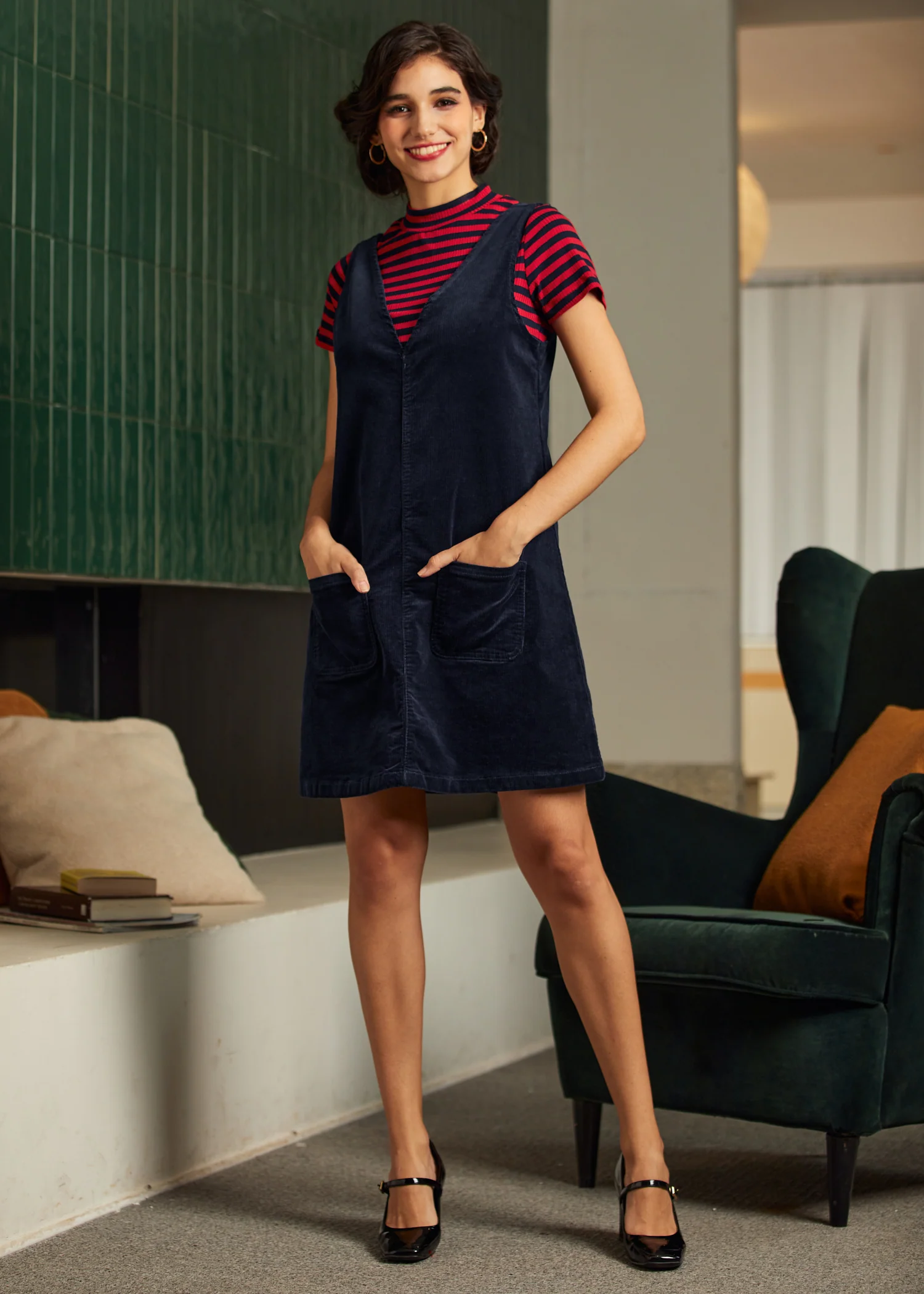 Retro Radiance V-Neck Corduroy Dress - Image 3
