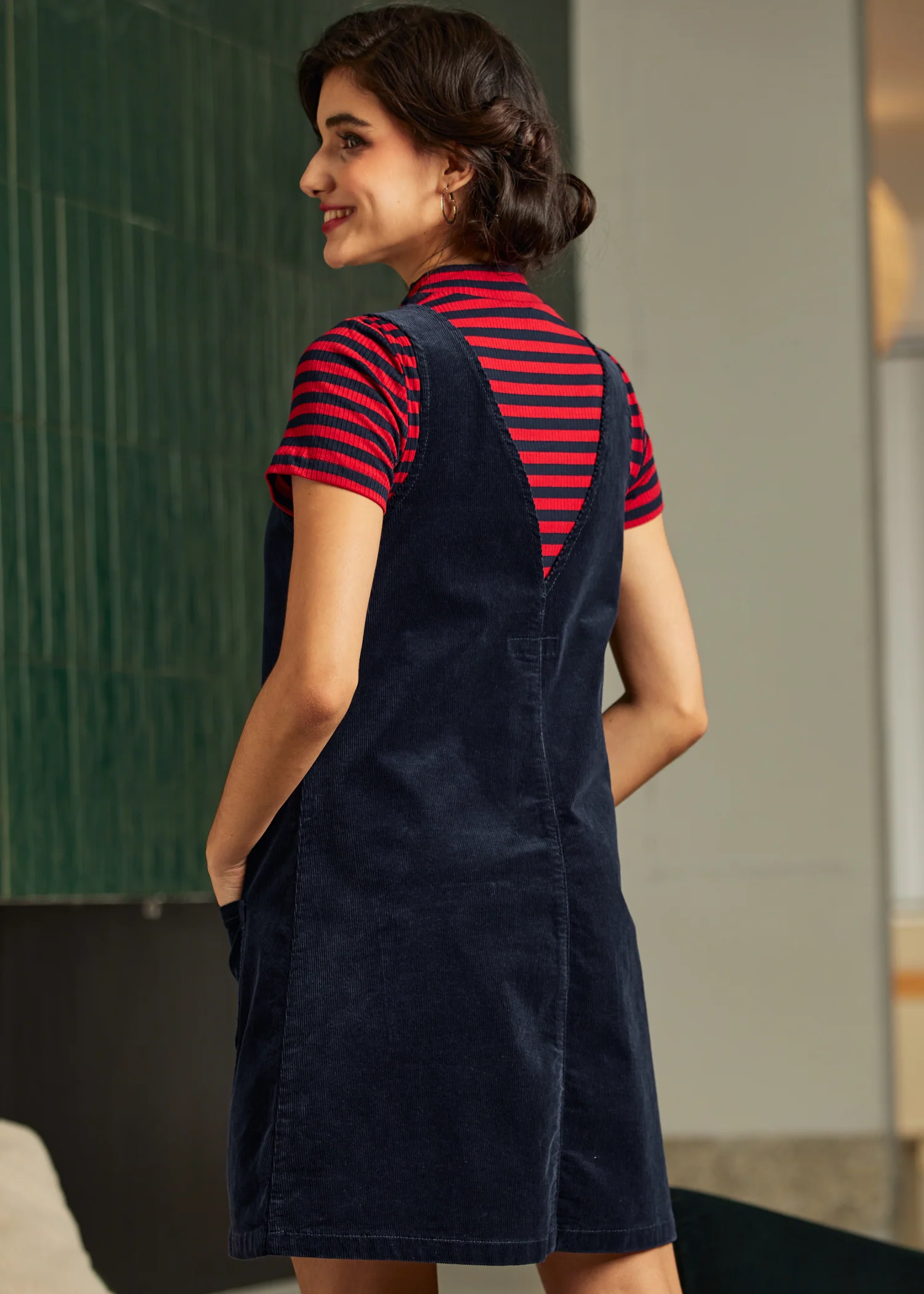 Retro Radiance V-Neck Corduroy Dress - Image 4