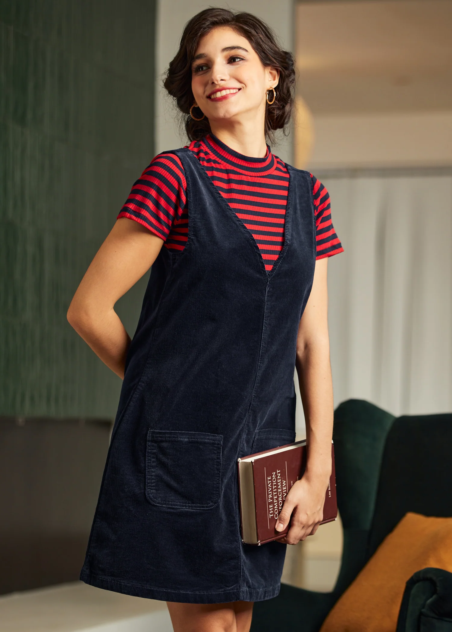 Retro Radiance V-Neck Corduroy Dress - Image 5